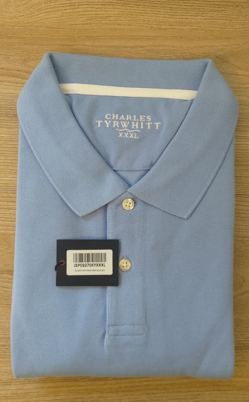 Button Neck Men's Polo Shirt XXXL 3XL Charles Tyrwhitt Sky Blue Cotton Pique